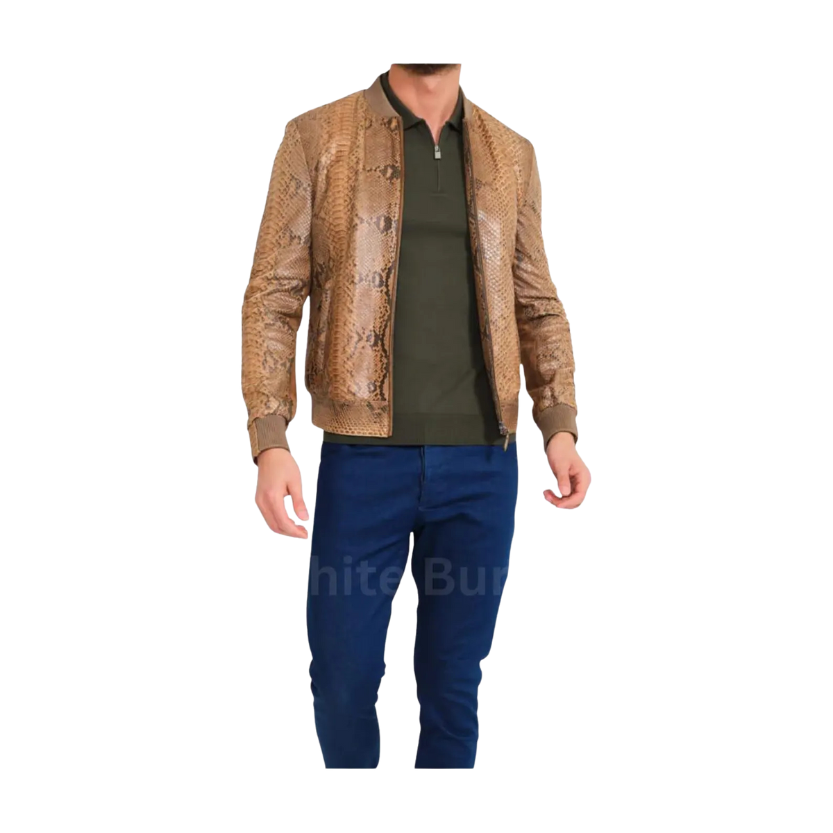 Man wearing a brown leather jacket, green shirt, and blue pants