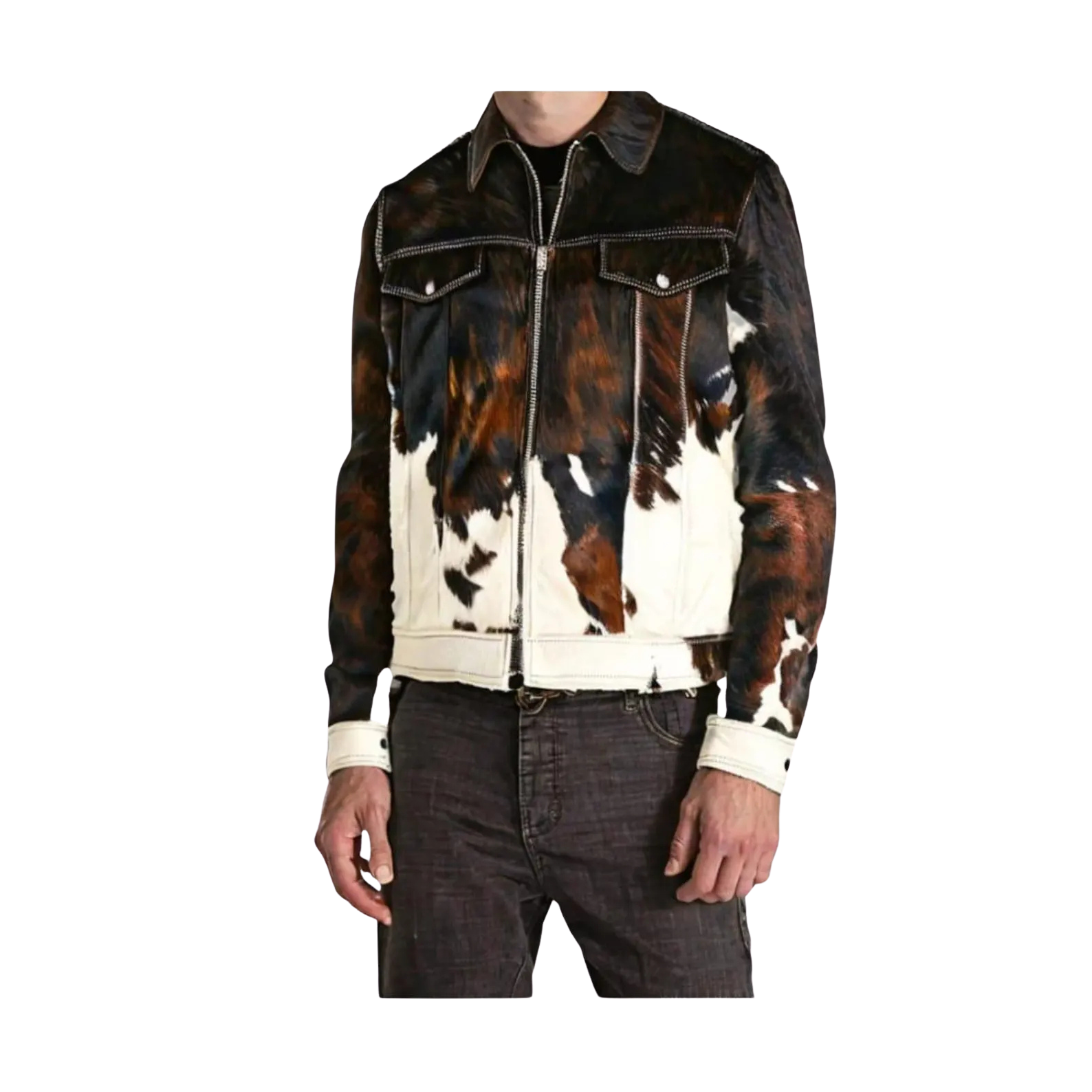 Cow print jacket worn by a person