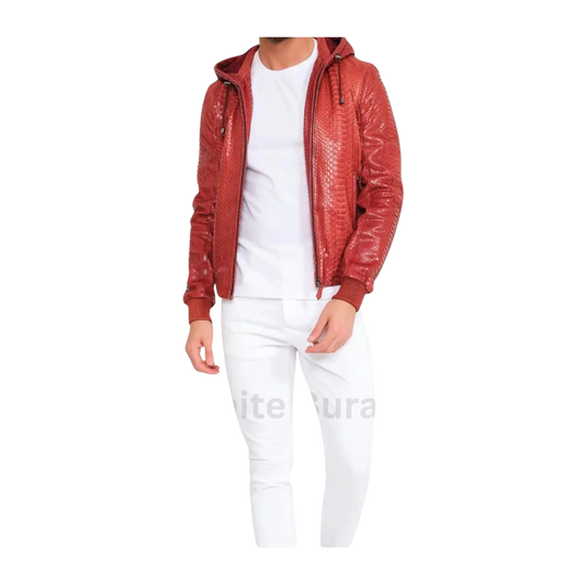 Person wearing a red textured jacket over a white shirt and pants
