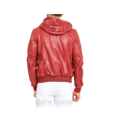Red textured jacket worn by a person 