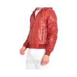 Red leather jacket worn by a person 