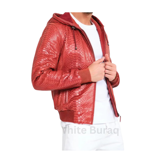 Red textured jacket worn by a person 