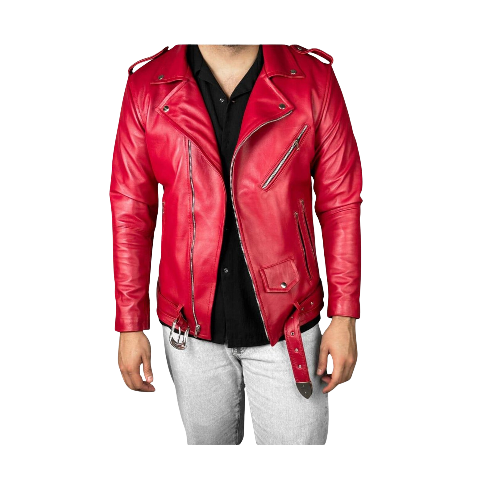 Red leather jacket worn by a person 