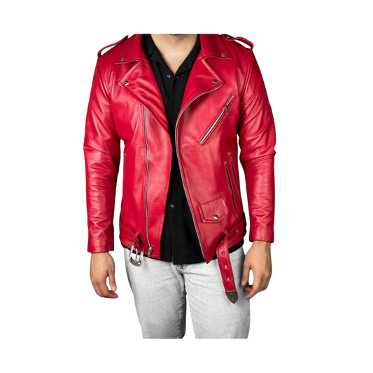Red leather jacket worn by a person 
