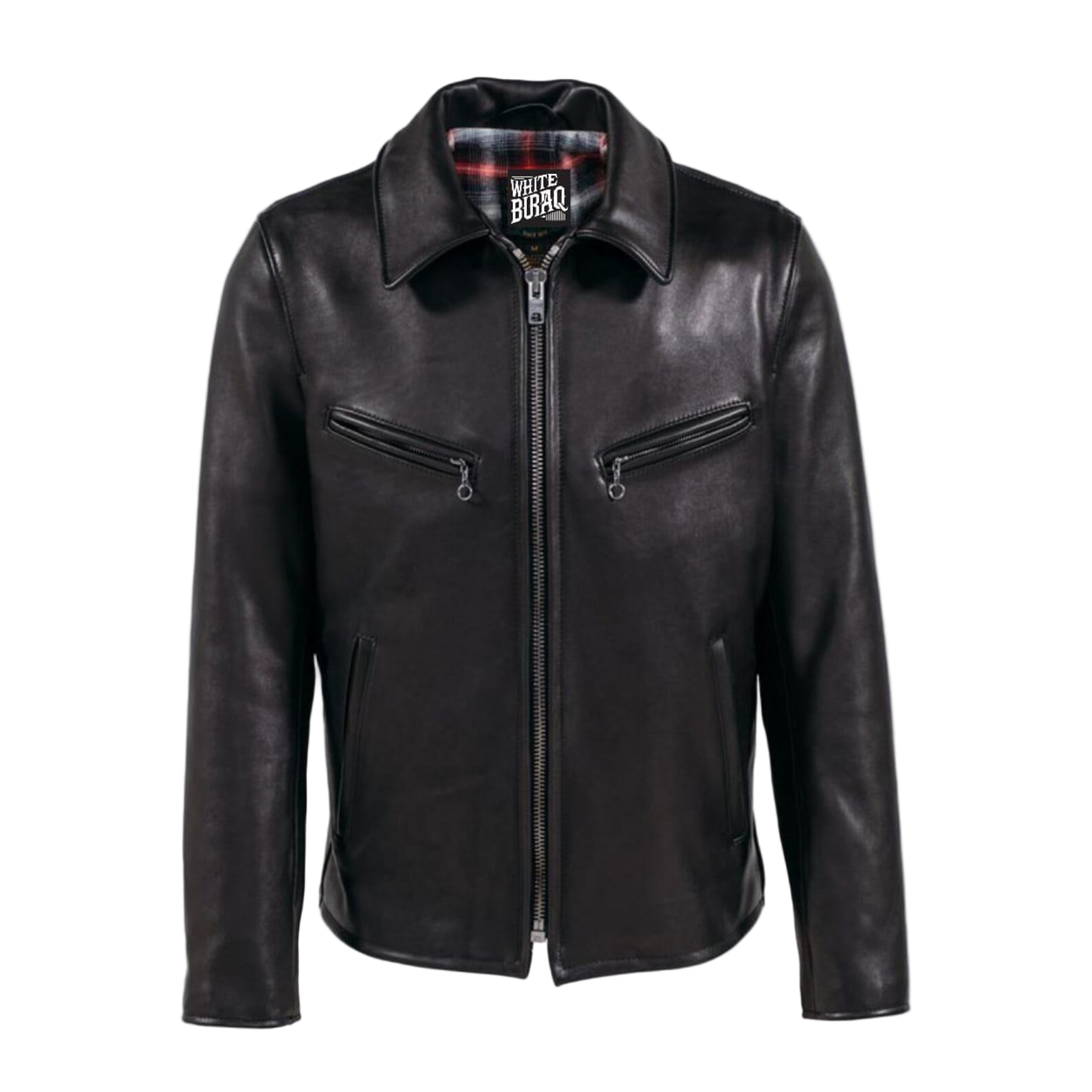 Black leather jacket with visible brand logo on a white background