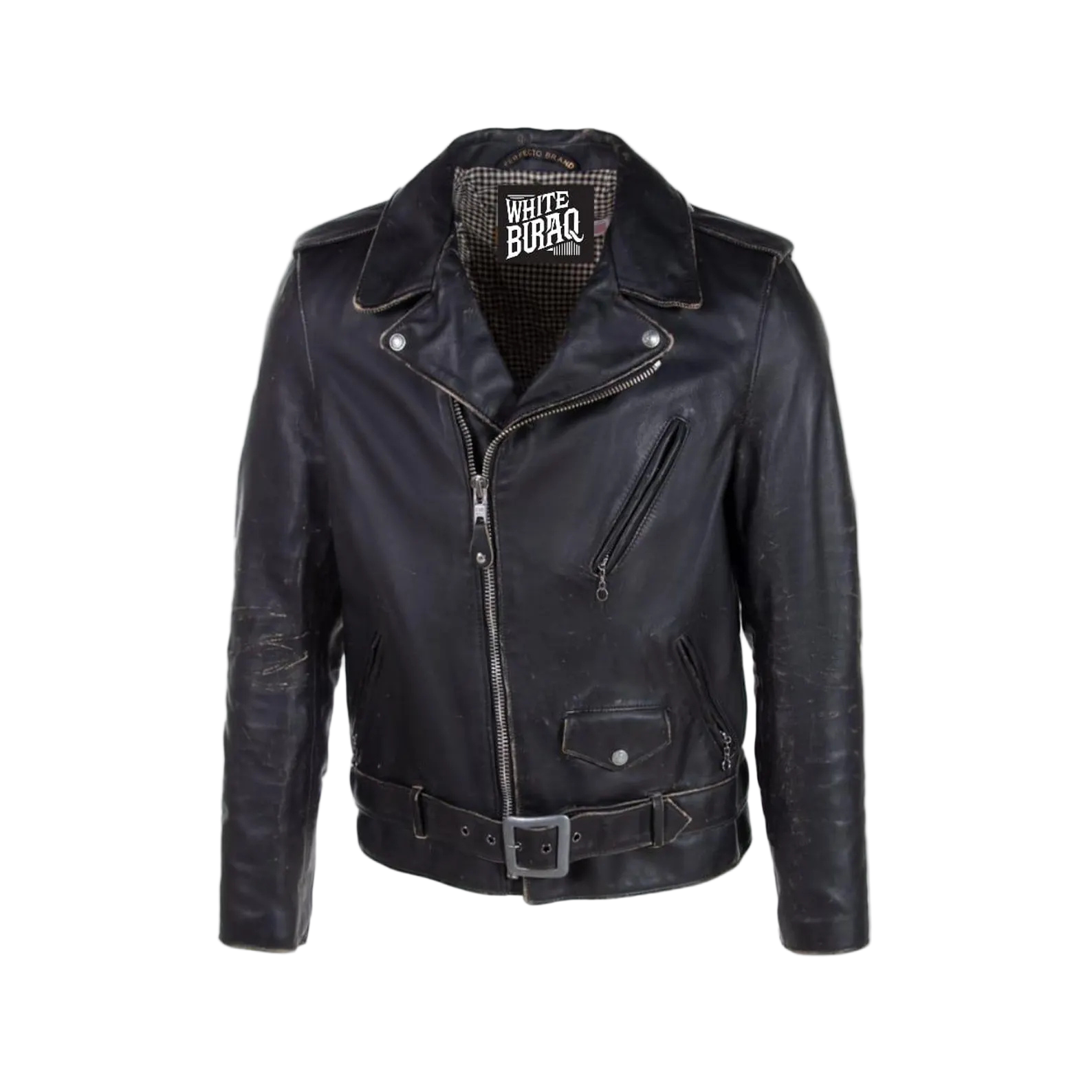 Black leather jacket with visible branding on a white background