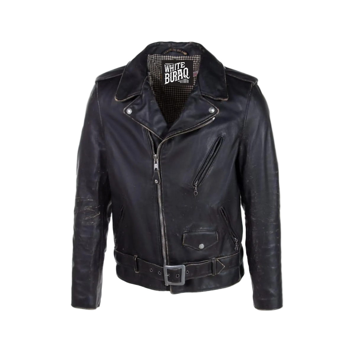 Black leather jacket with visible branding on a white background