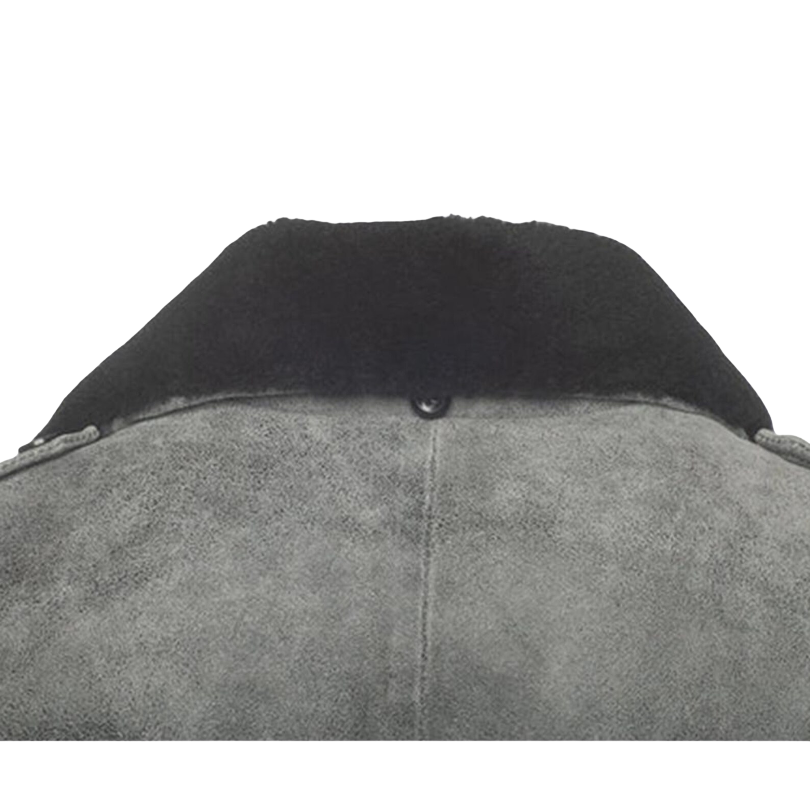 Close-up of a gray jacket with black collar 