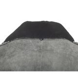 Close-up of a gray jacket with black collar 