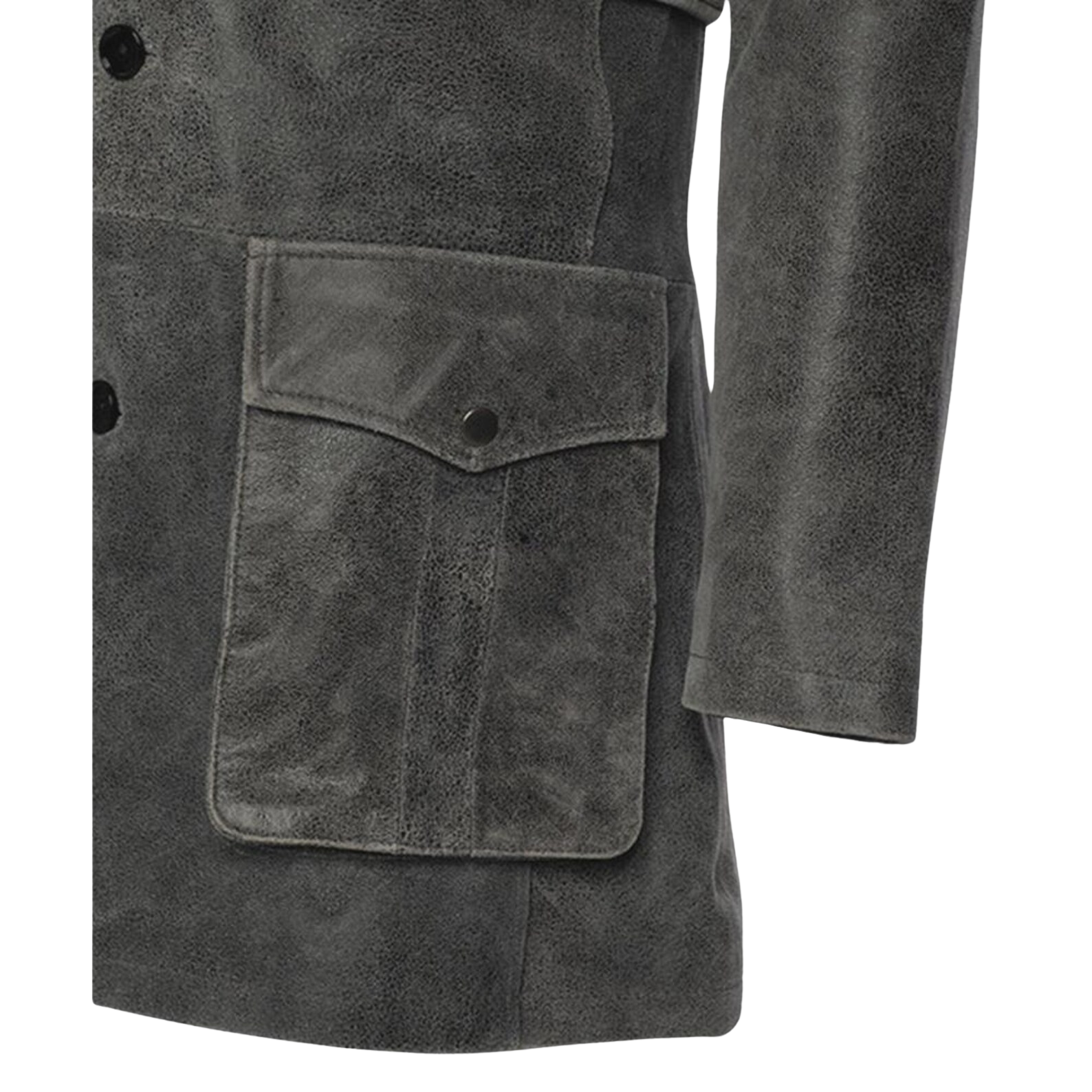 Close-up of a dark gray suede coat with a pocket