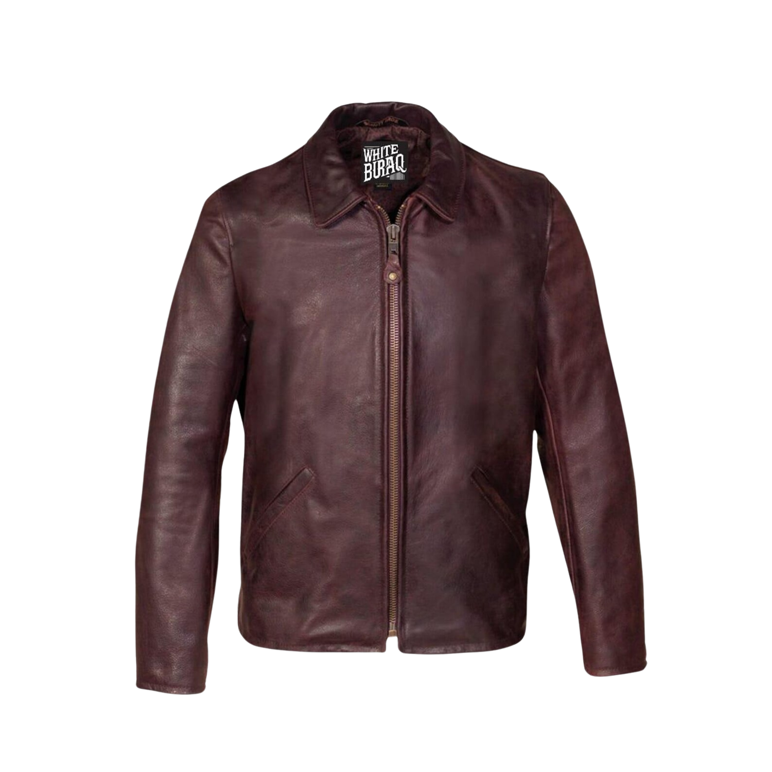 Brown leather jacket with a brand label 