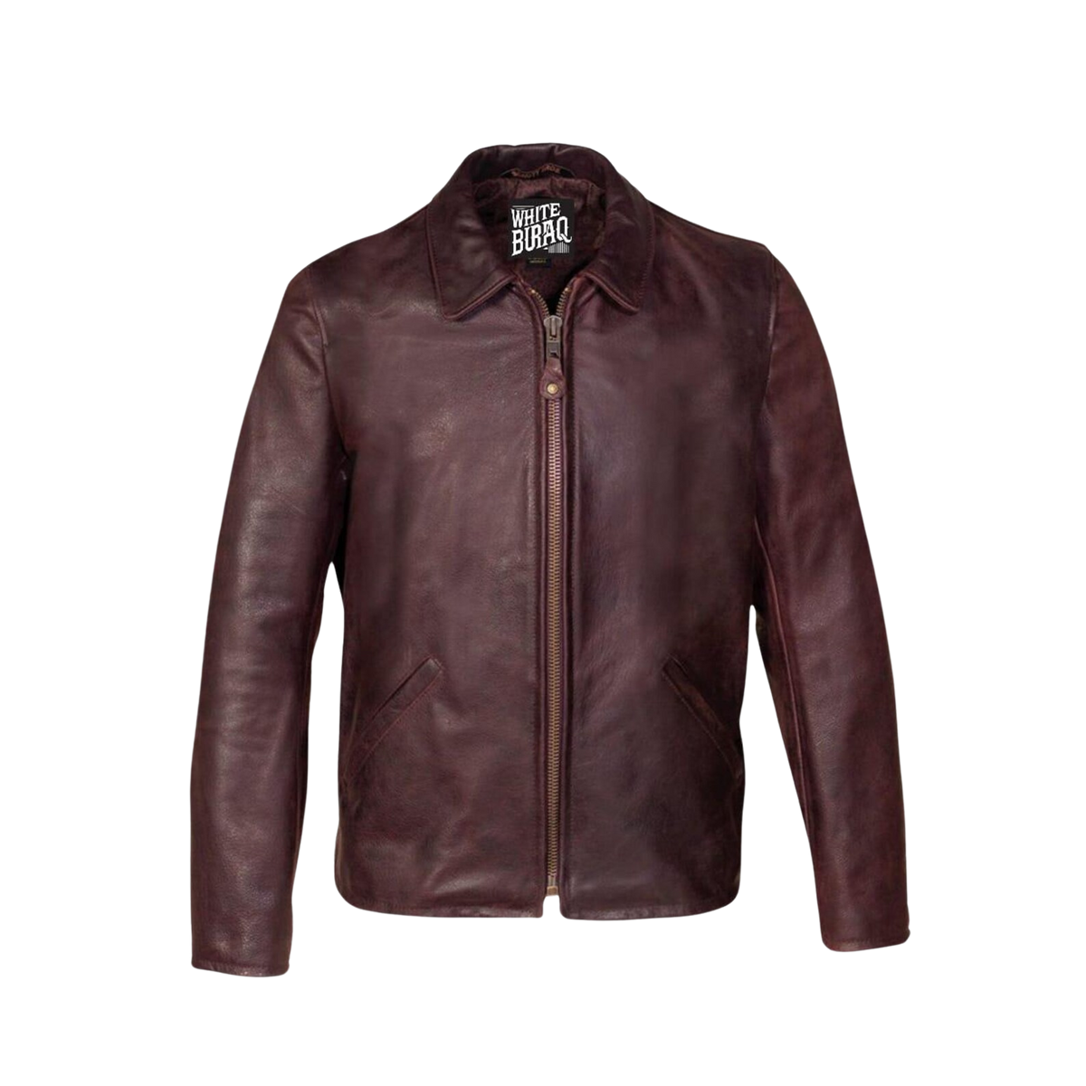 Brown leather jacket with a brand label 