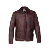 Brown leather jacket with a brand label 