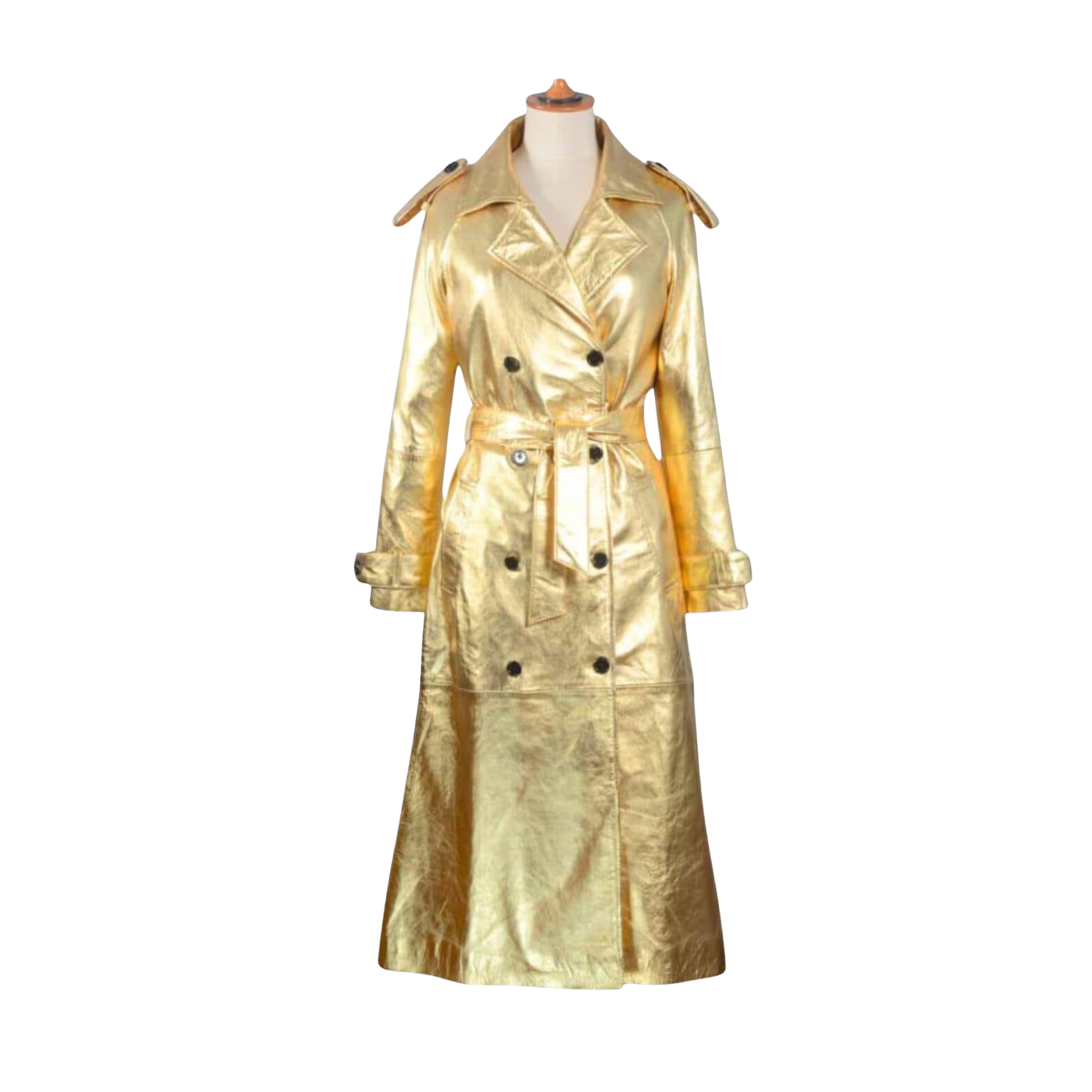 Gold trench coat on a mannequin against 