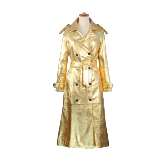 Gold trench coat on a mannequin against 