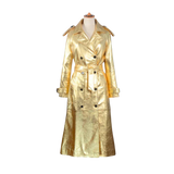 Gold trench coat on a mannequin against 