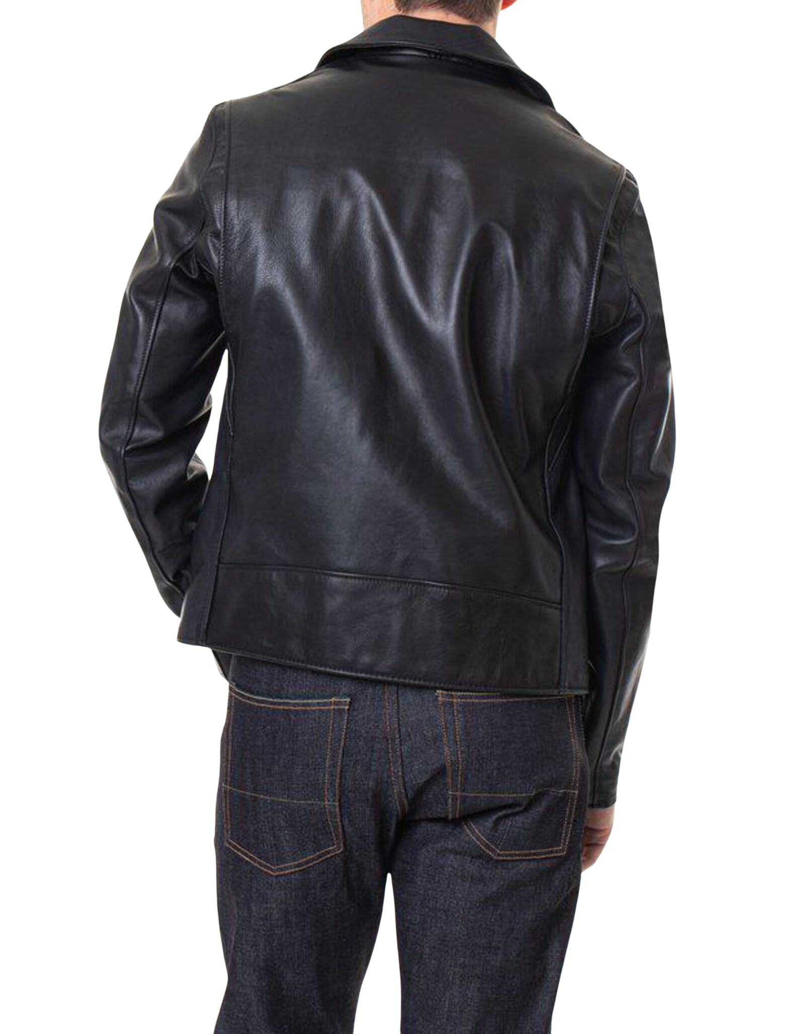Person wearing a black leather jacket and dark jeans 