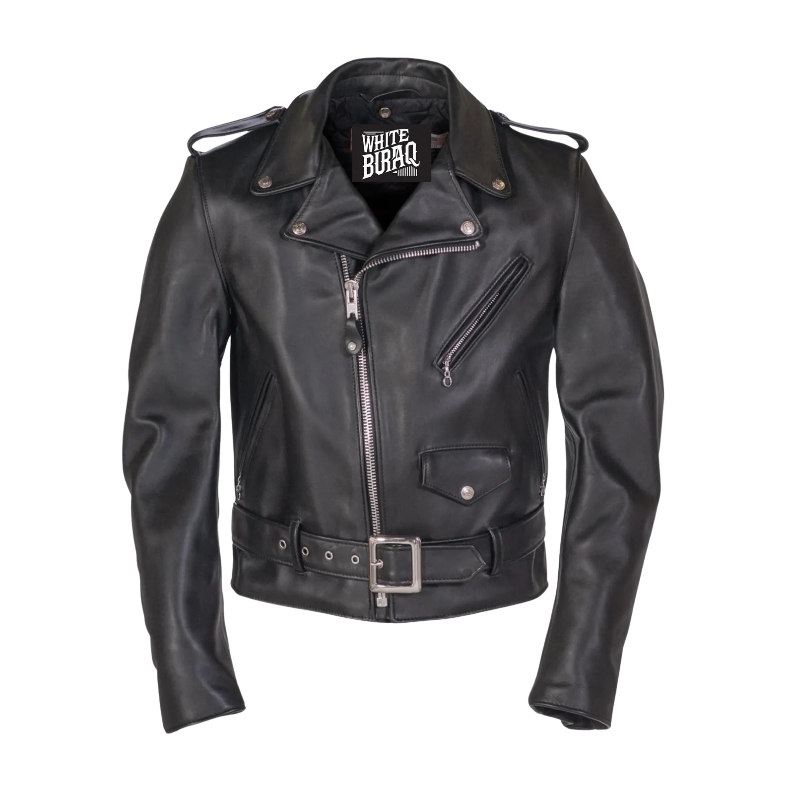Black leather jacket with visible branding 