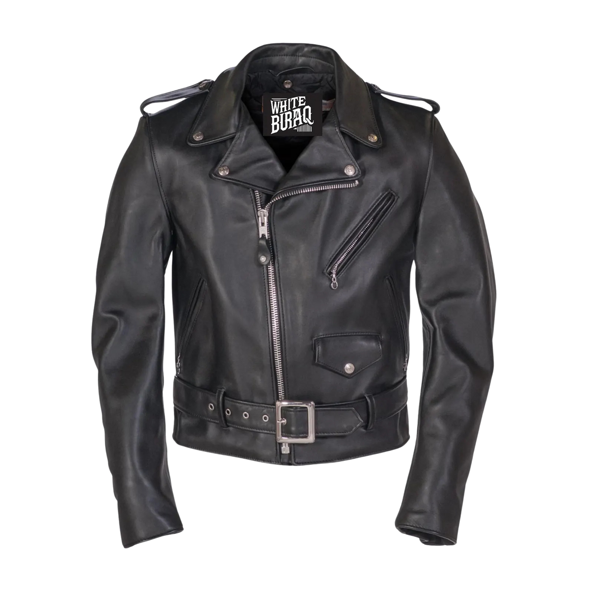 Black leather jacket with visible branding 