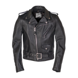 Black leather jacket with visible branding 