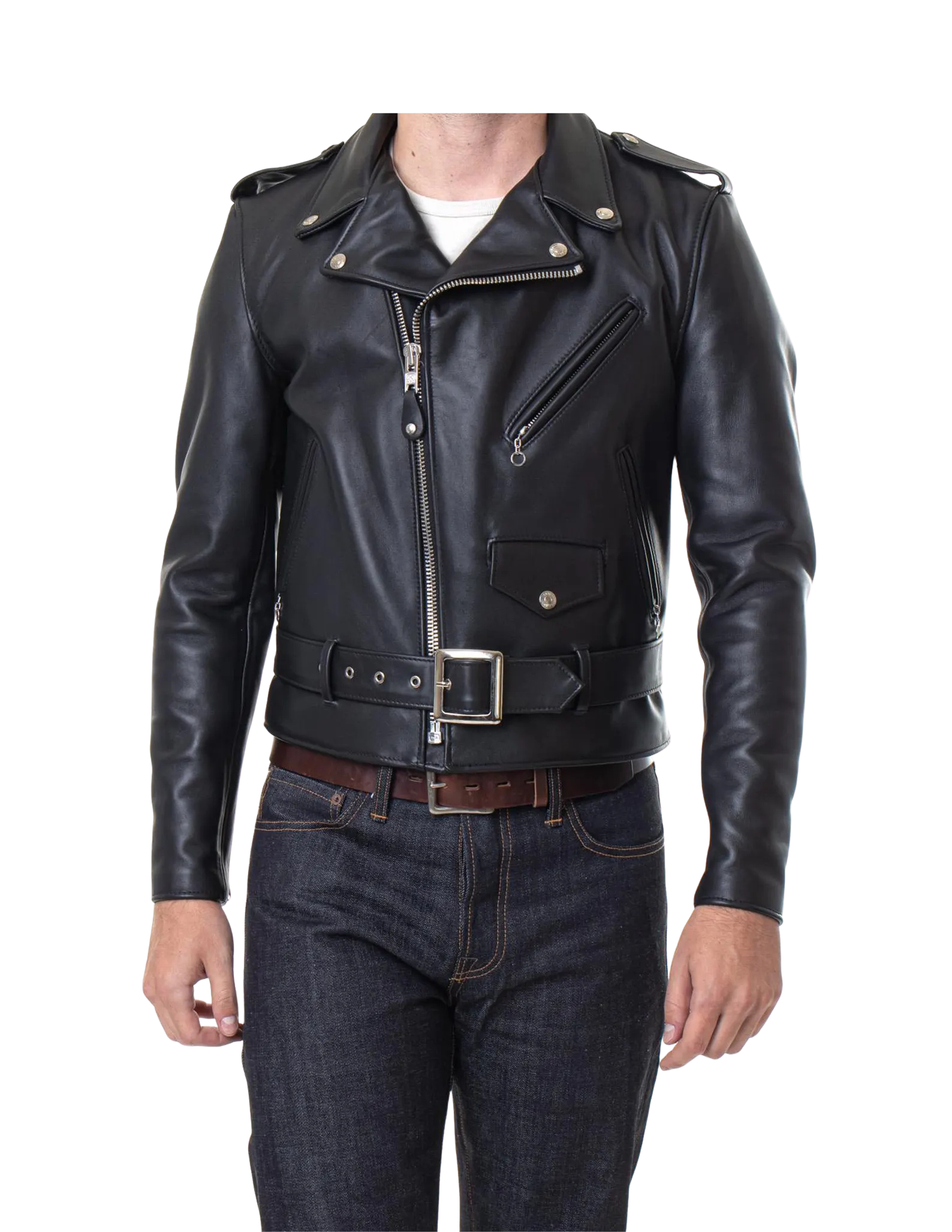Black leather jacket with zippers and buttons 