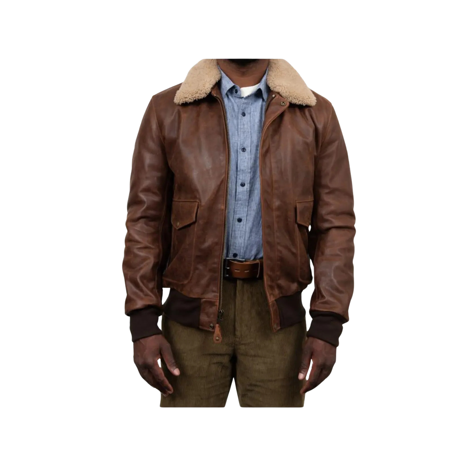 Brown leather jacket with fur collar 