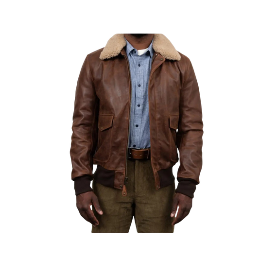 Brown leather jacket with fur collar 