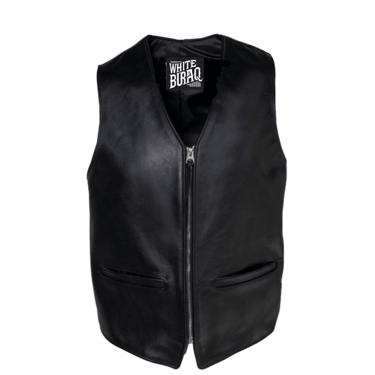 Black leather vest with a brand label 