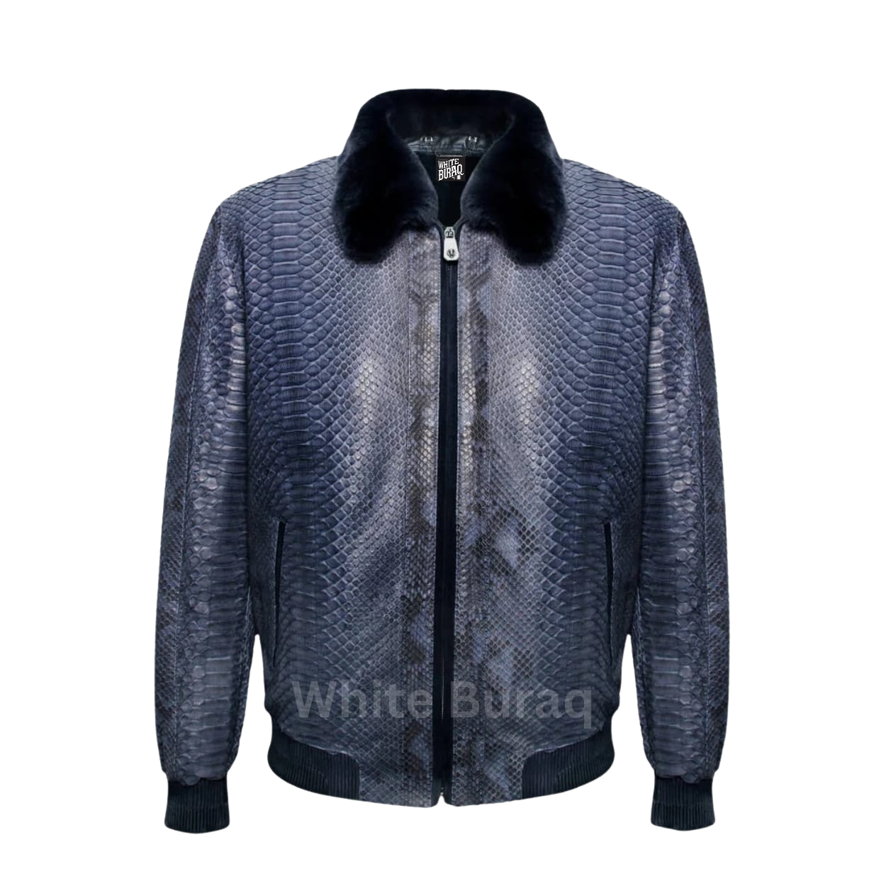 Navy Blue Python Leather Bomber Jacket