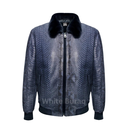 Navy Blue Python Leather Bomber Jacket