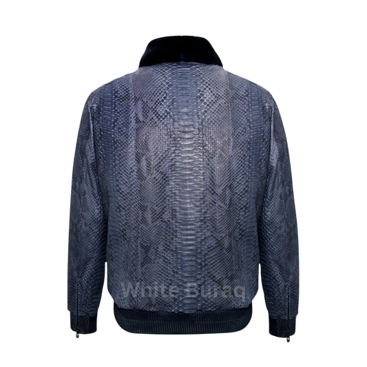 Navy Blue Python Leather Bomber Jacket