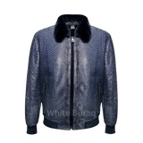 Navy Blue Python Leather Bomber Jacket