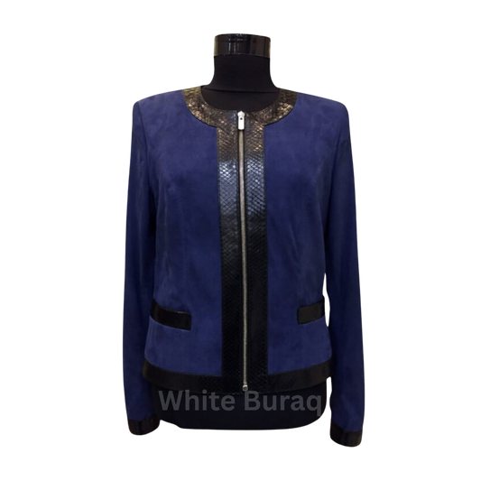 Navy Blue Snake Skin Leather Jacket