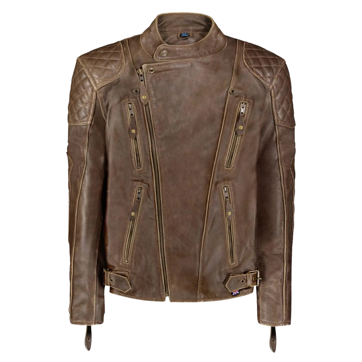 Brown leather jacket with quilted shoulders 