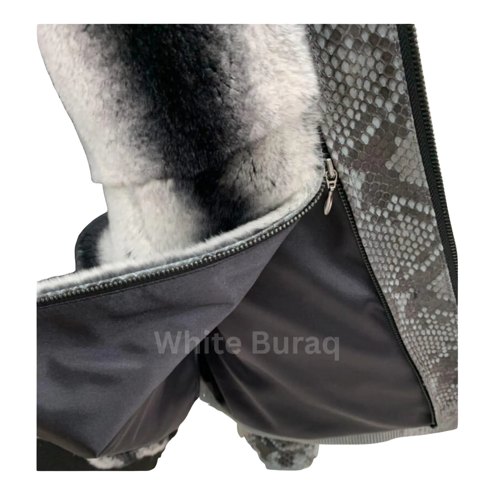 Close-up of a snake skin jacket with fur lining, 