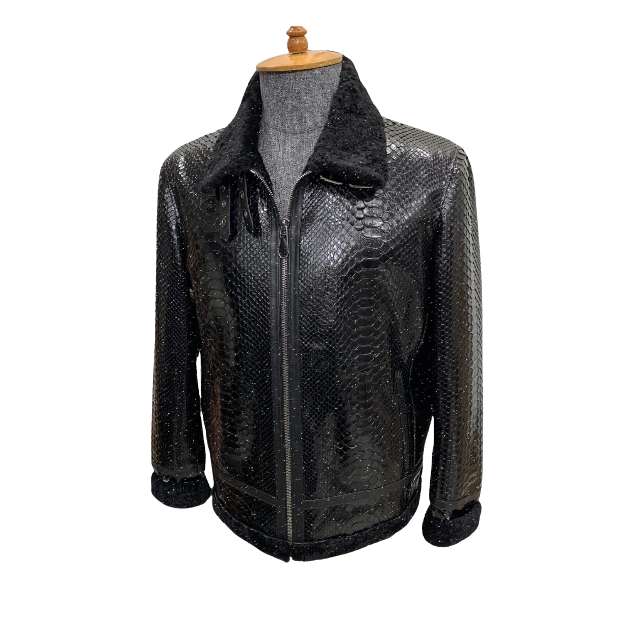 Black textured leather jacket on a mannequin 