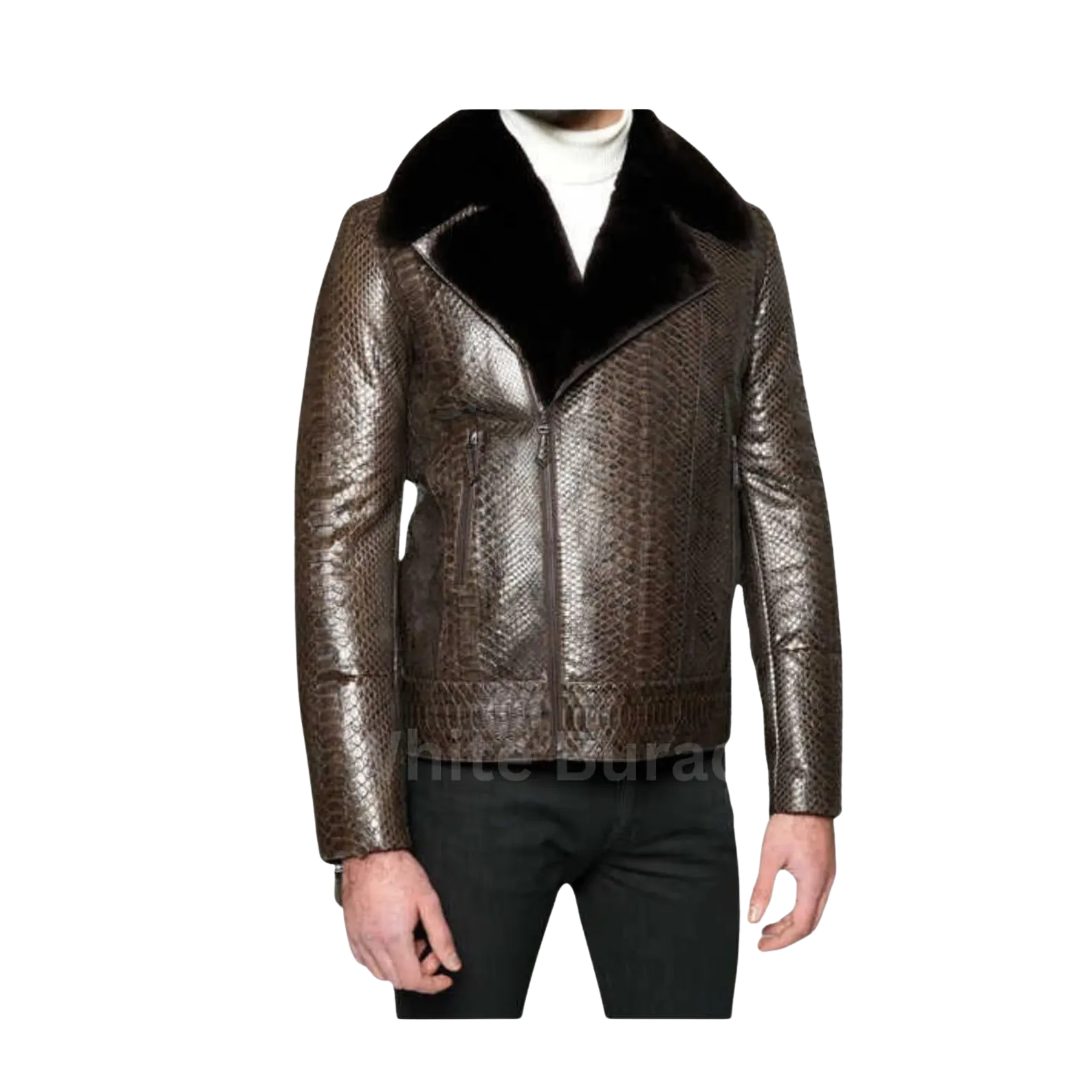 Metallic leather jacket with black collar 