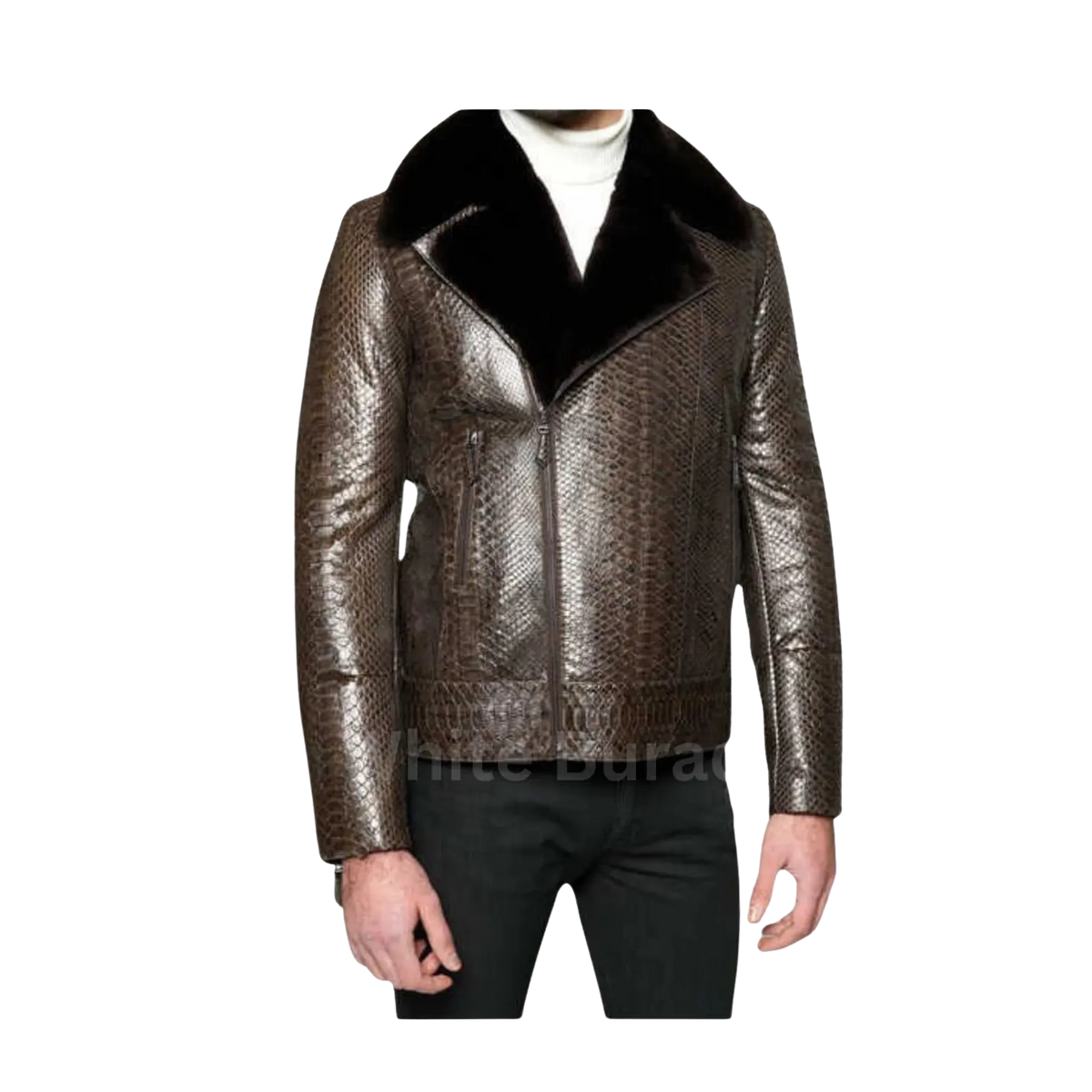 Metallic leather jacket with black collar 