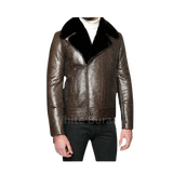 Metallic leather jacket with black collar 