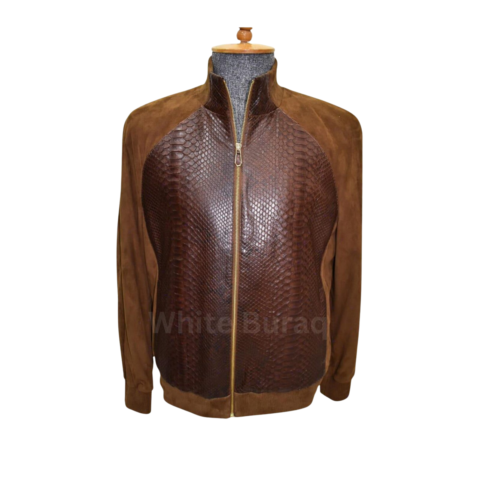 Brown leather jacket with snake skin pattern on a mannequin 