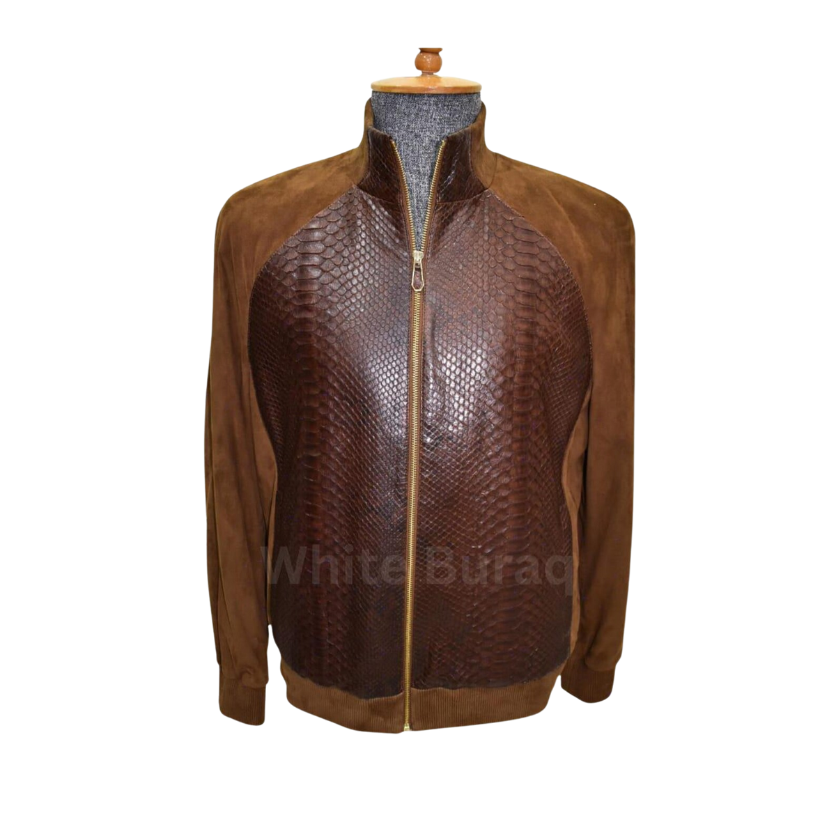 Brown leather jacket with snake skin pattern on a mannequin 