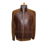 Brown leather jacket with snake skin pattern on a mannequin 