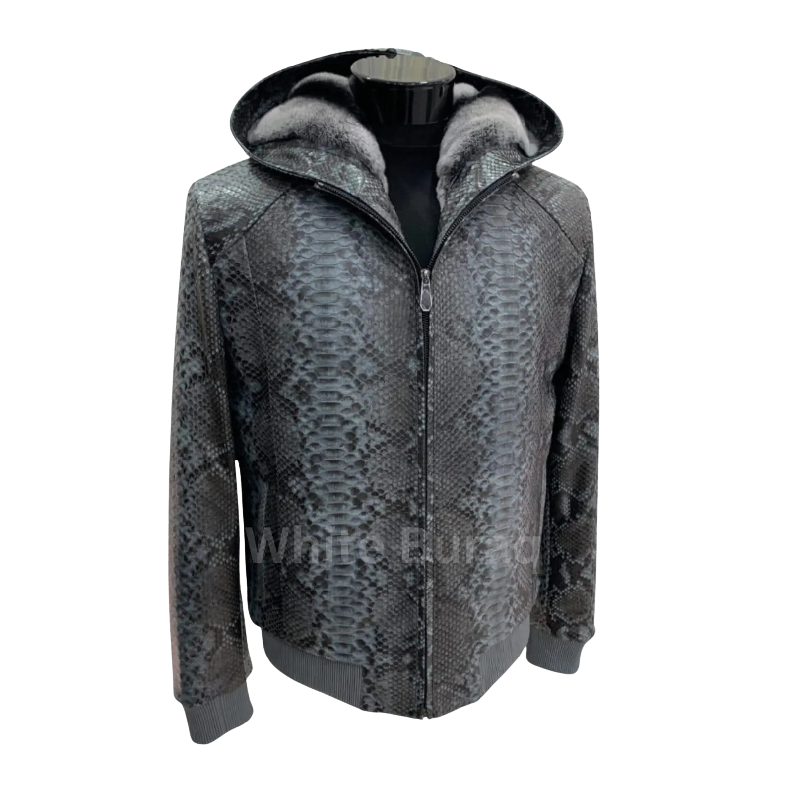 Gray snake print jacket on a mannequin 
