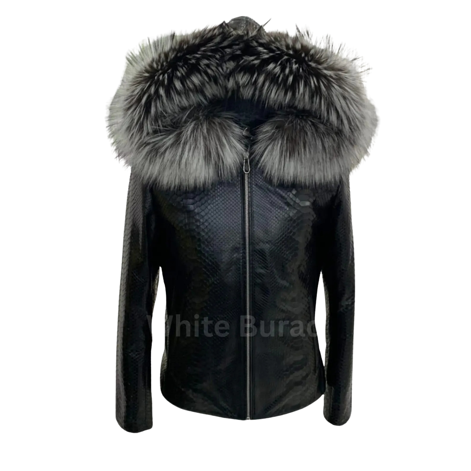 Black leather jacket with large fur hood 