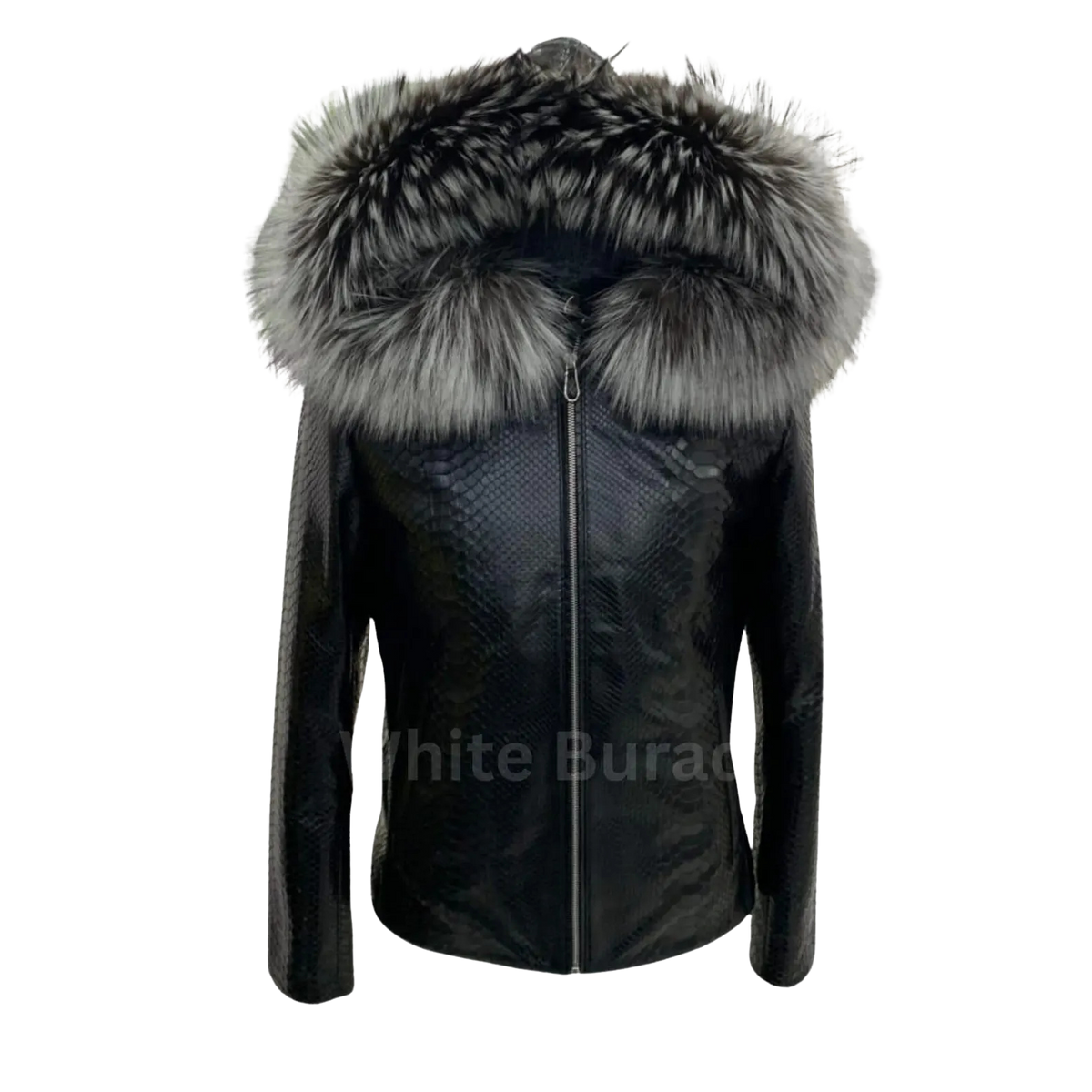 Black leather jacket with large fur hood 