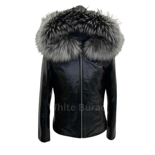Black leather jacket with large fur hood 