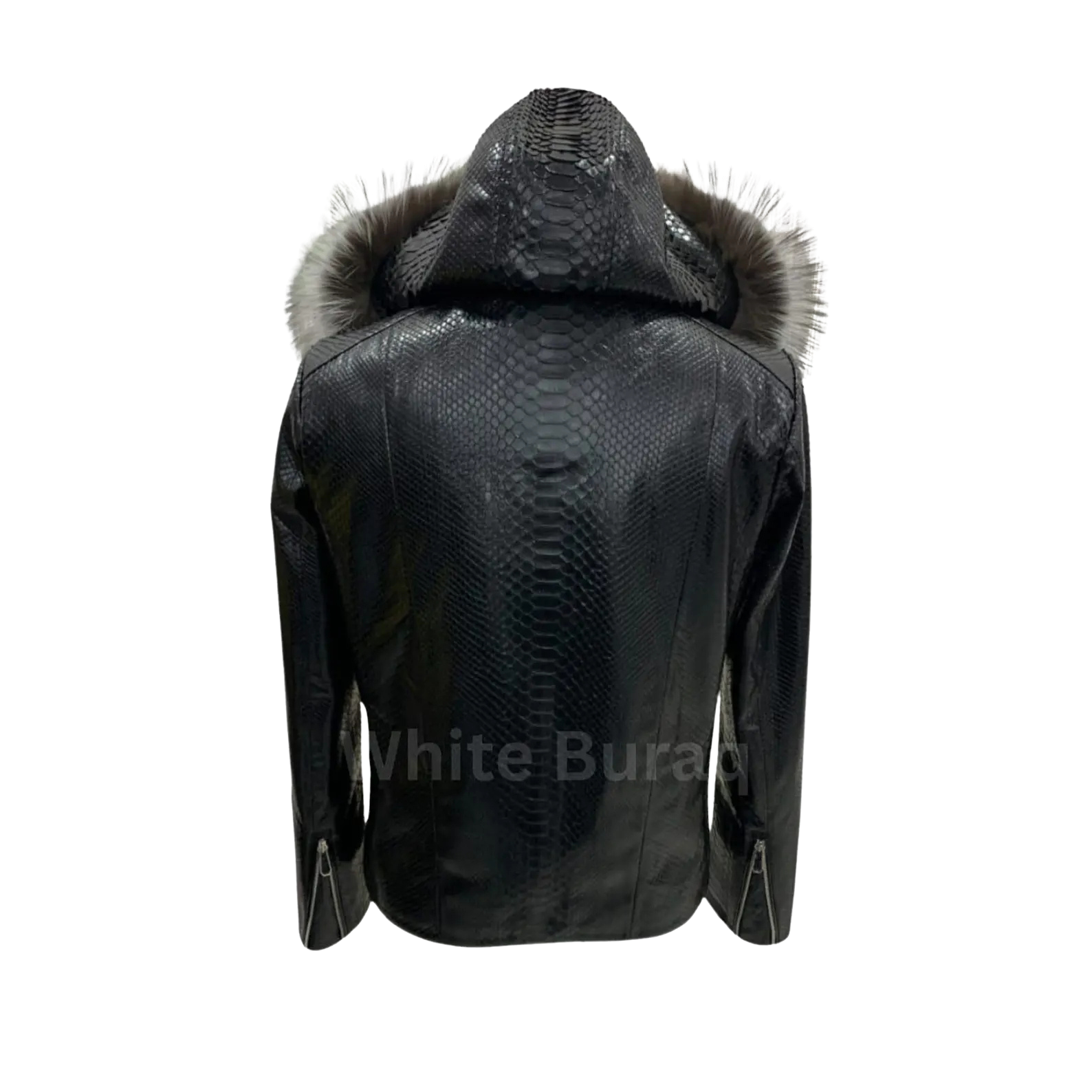 Black leather jacket with fur hood 