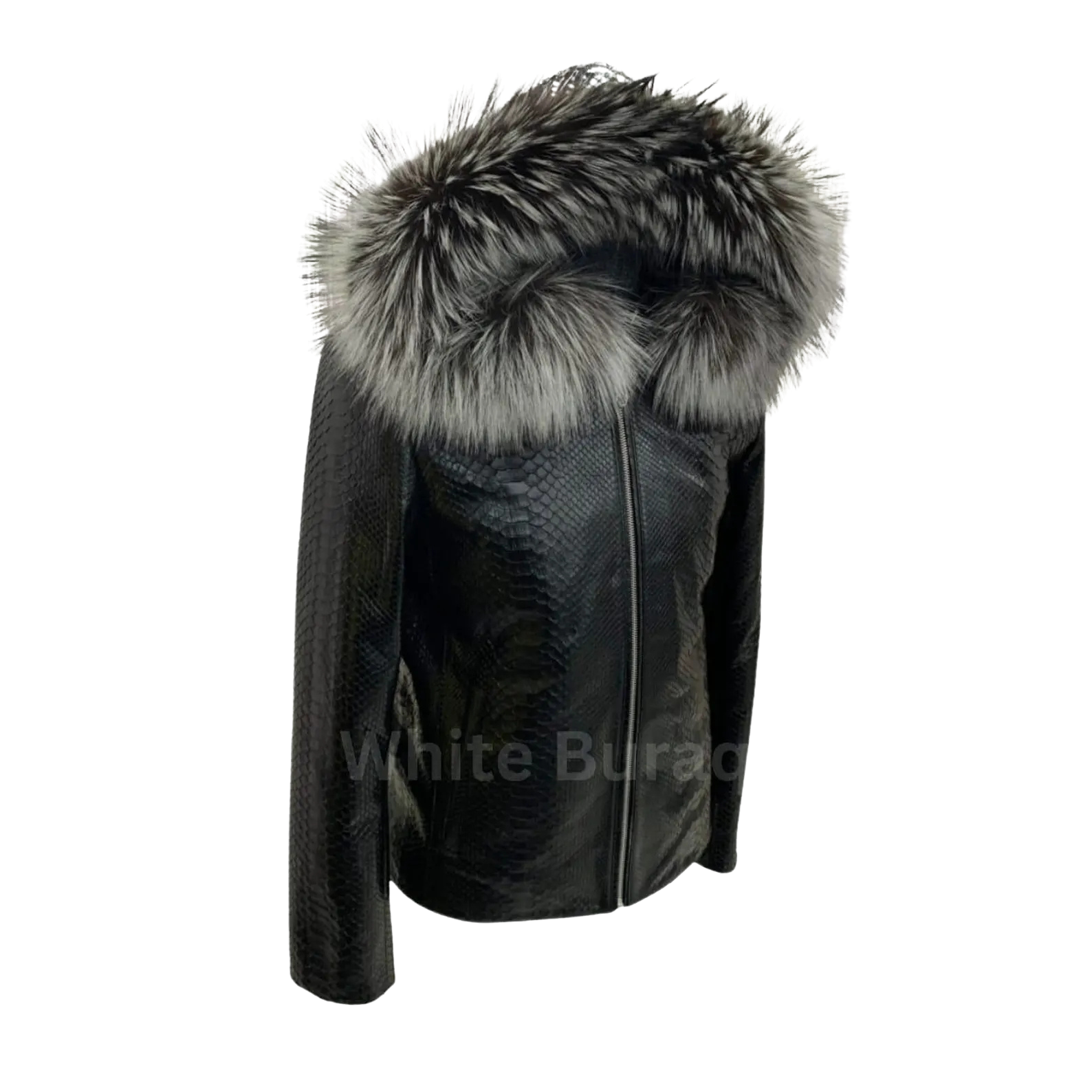 Black leather jacket with fur hood 