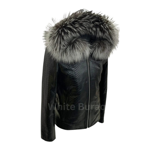 Black leather jacket with fur hood 