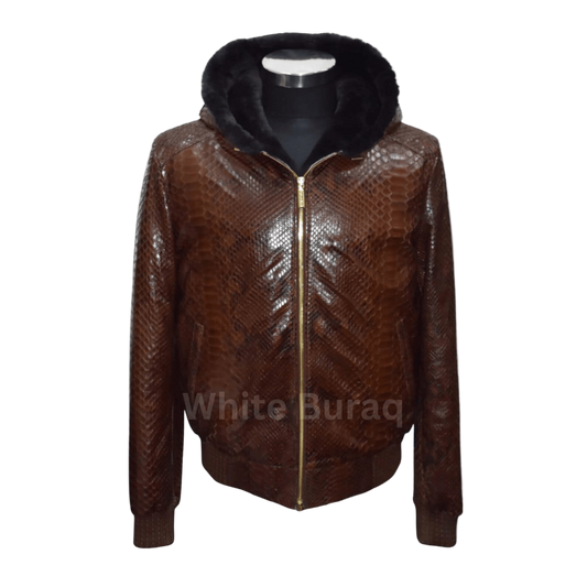 Brown leather jacket with a gold zipper on a mannequin 